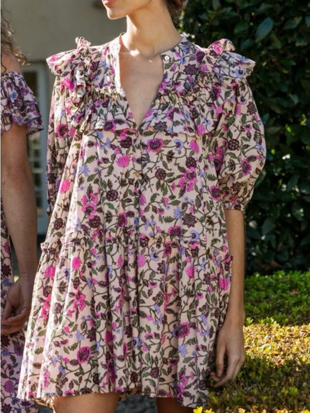 Cleobella Organic Cotton Floral Ruffle Mini Dress Puff Sleeve Size S